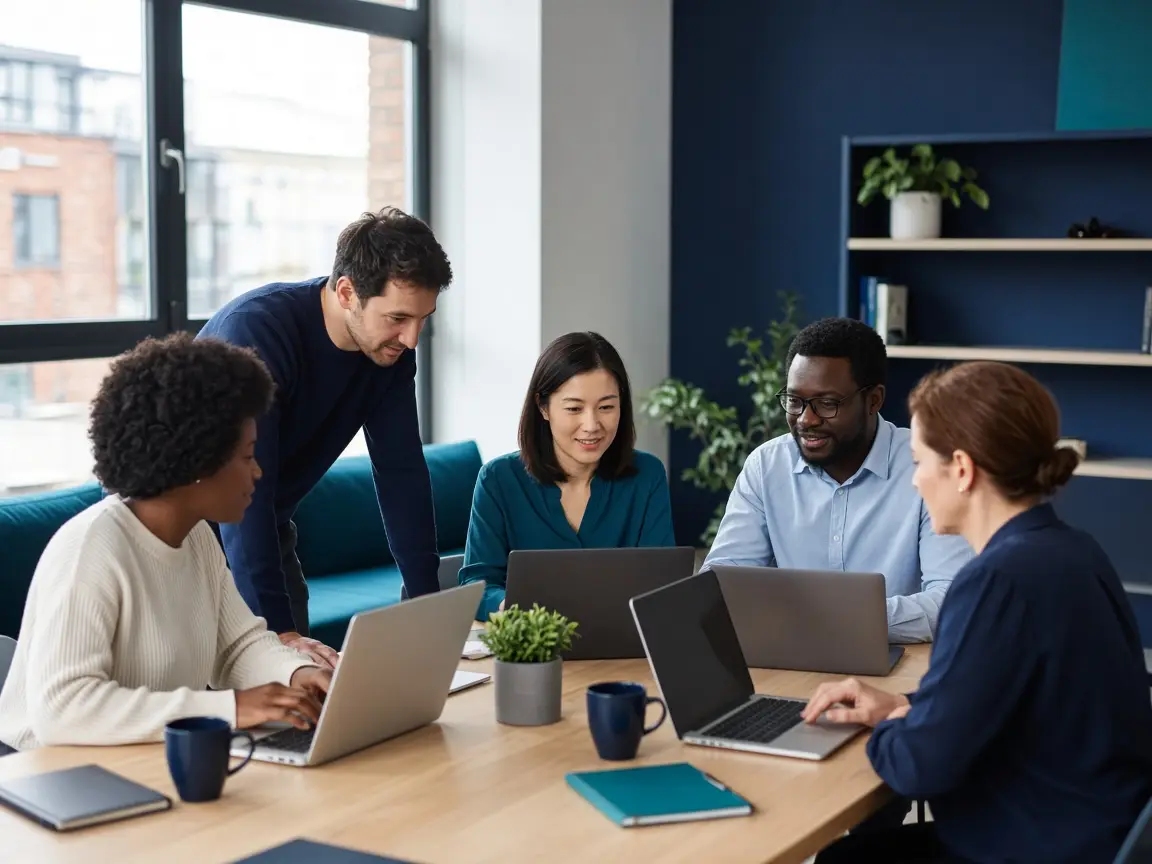 Office team working on laptops during a hands-on AI training workshop for staff